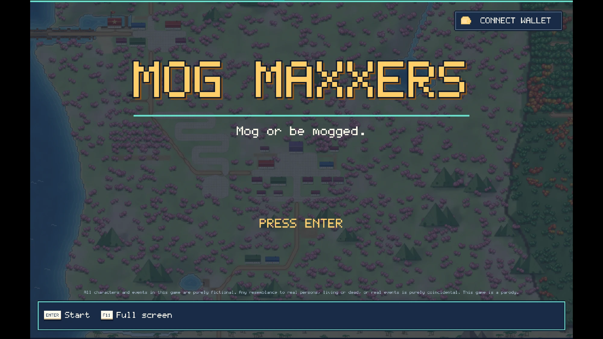 Title screen of Mog Maxxers, a pixel art game by Slop Studios, showing a top-down village map with the tagline Mog or be mogged